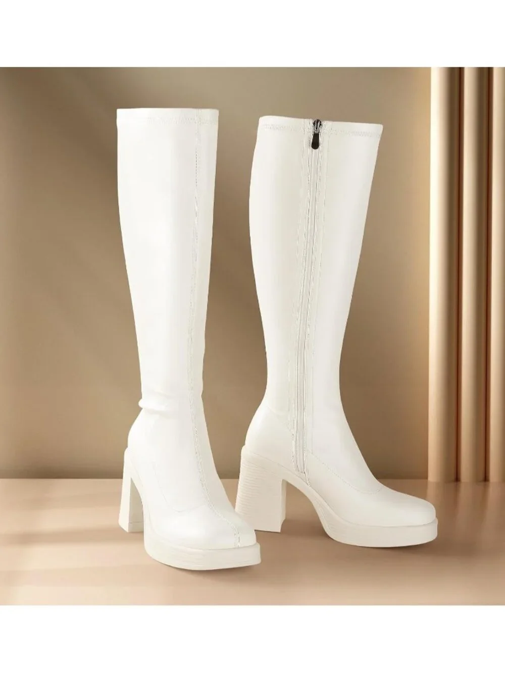 Women's Beige Pu Chunky Heel Square Toe Side Zipper Long Gogo Knee High Boots